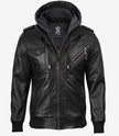 Veste en cuir noir pour homme avec capuche amovible grise