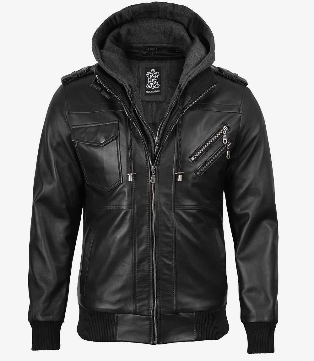 Veste en cuir noir pour homme avec capuche amovible grise