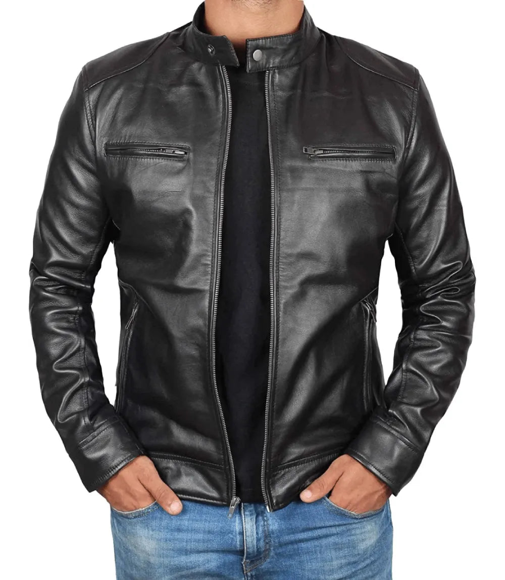 Dodge Black Mens Leather Racer Jacket
