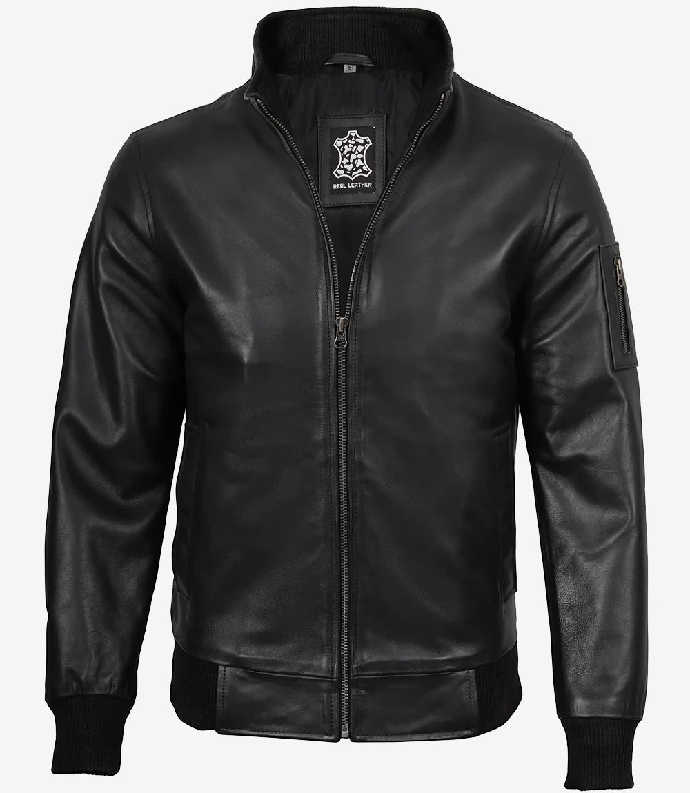 Blouson aviateur en cuir de vache noir pour homme