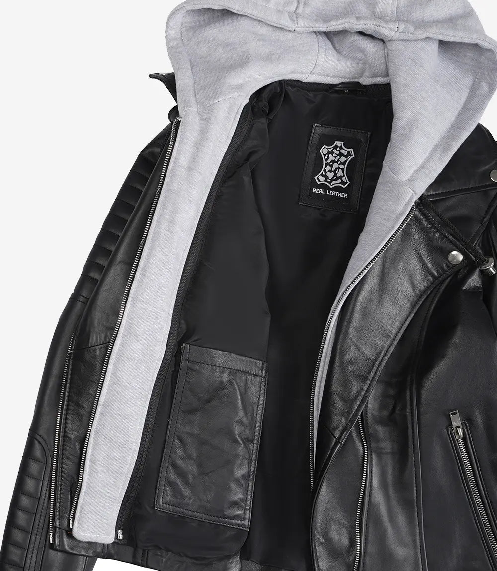 Women's Biker Style Black Leather Jacket with Hood