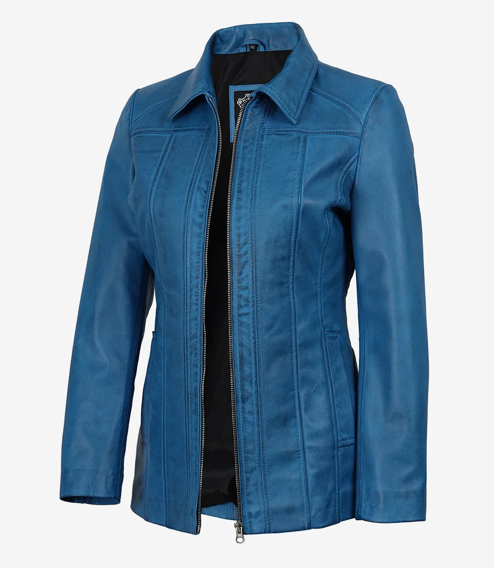 Marsha Women’s Blue Leather Long Jacket – Shirt Collar