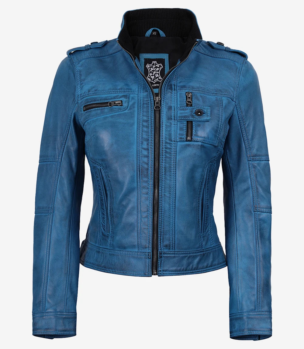 Veste style motard en cuir d'agneau ciré bleu pour femme