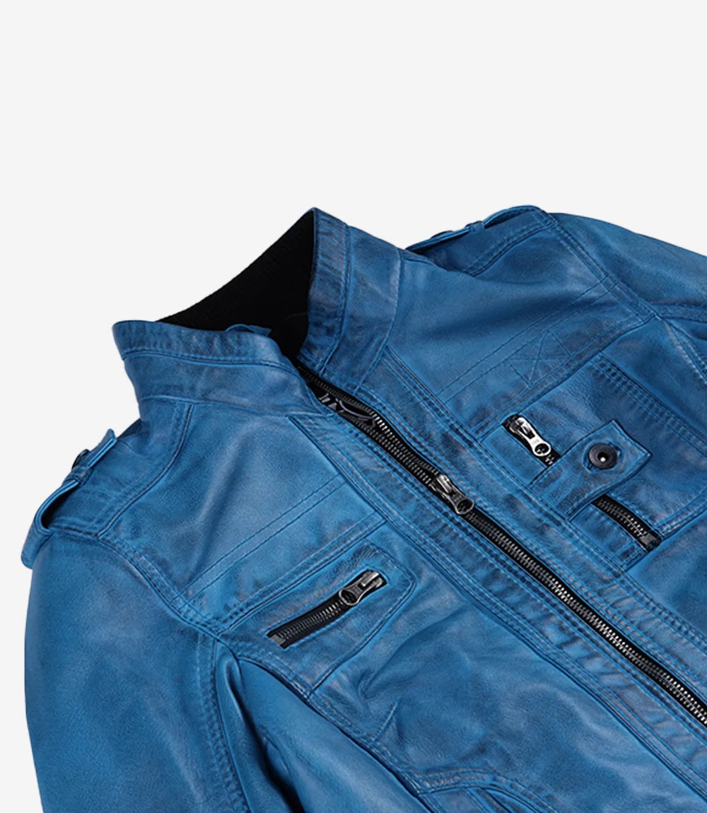 Veste style motard en cuir d'agneau ciré bleu pour femme