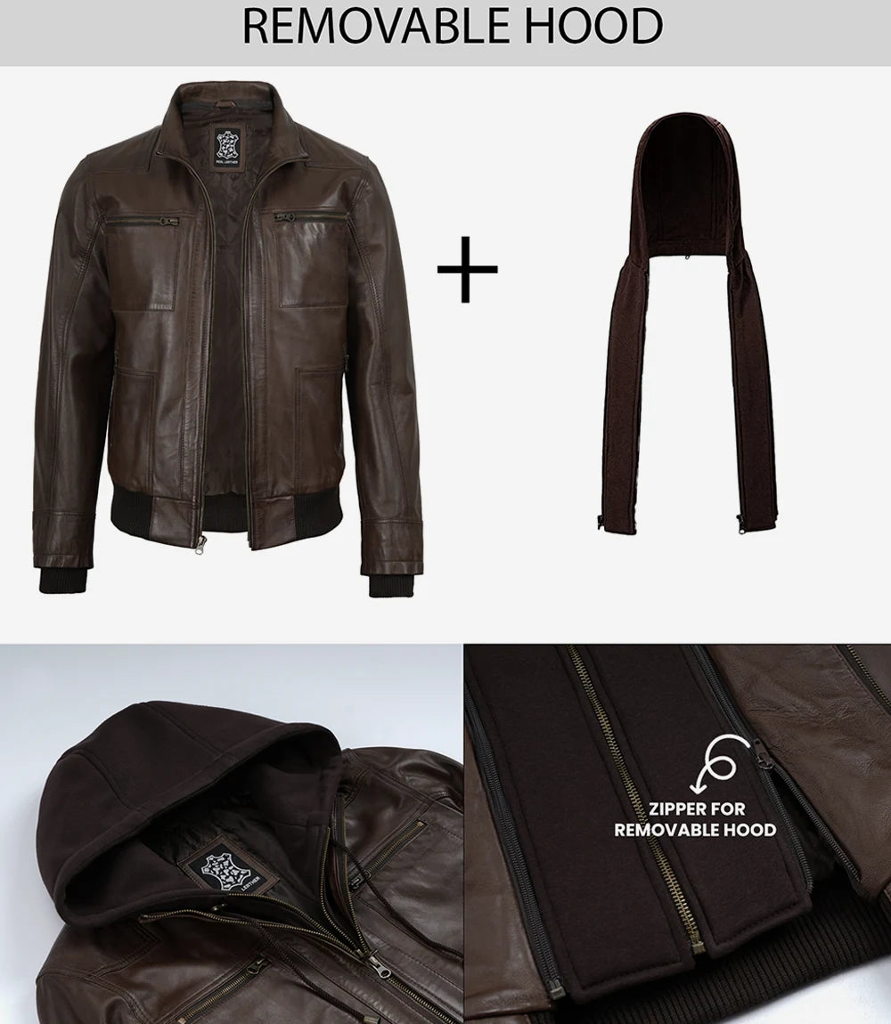 Mens Dark Brown Bomber Leather Jacket With Hood