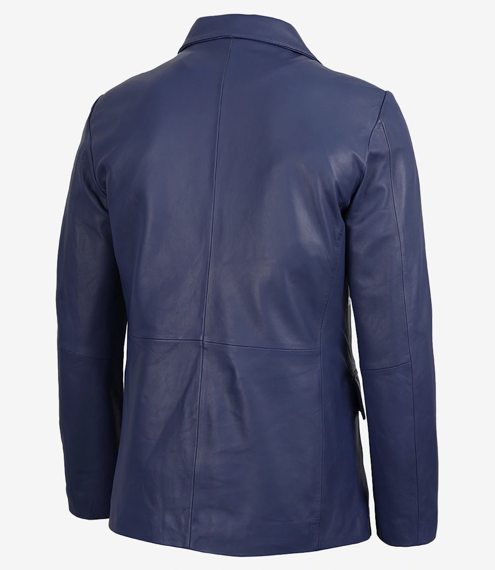 Men's Blue Leather Two-Button Closure Blazer Jacket