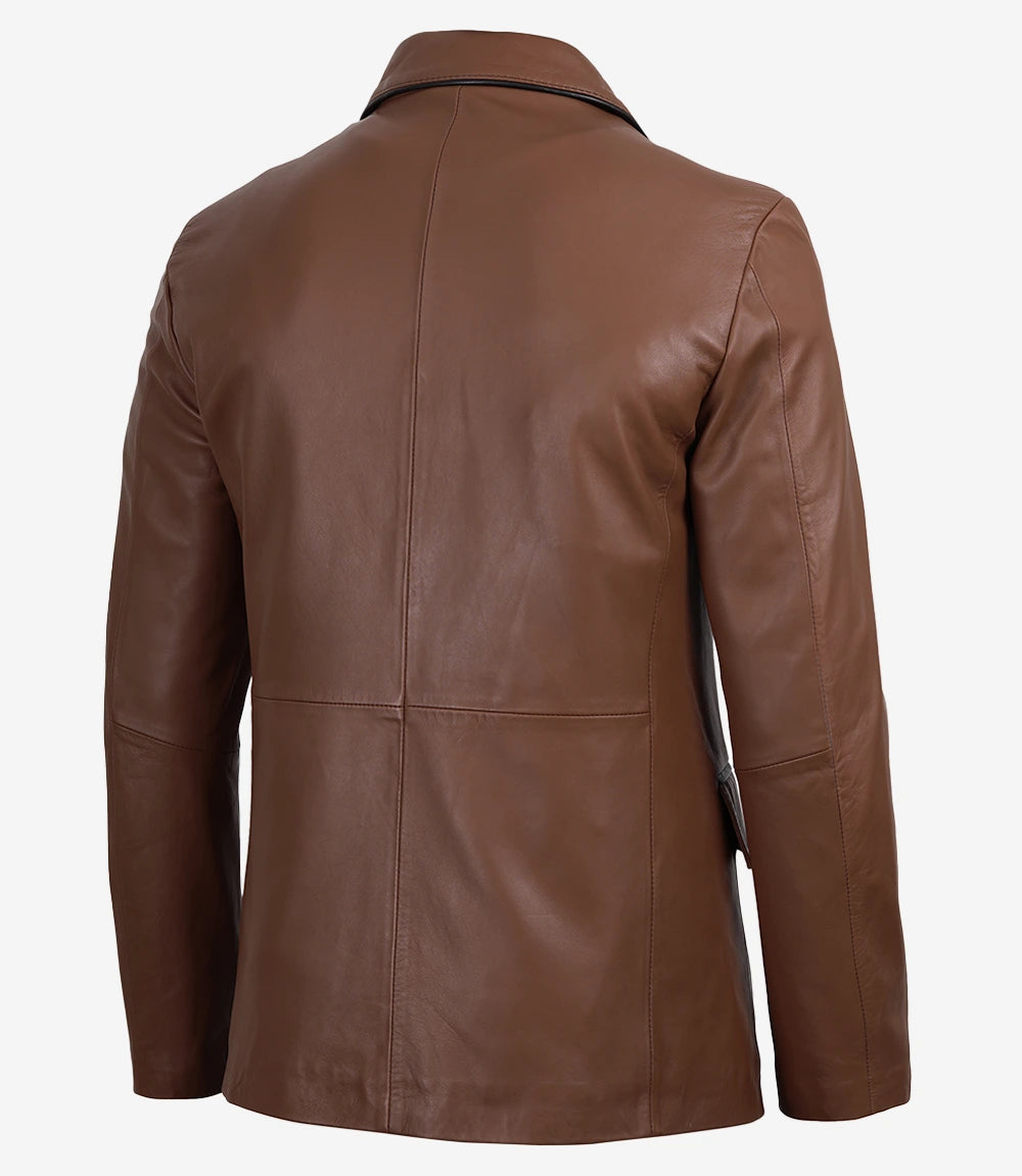 Men's 2 Button Cognac Leather Blazer - Black Piping Details