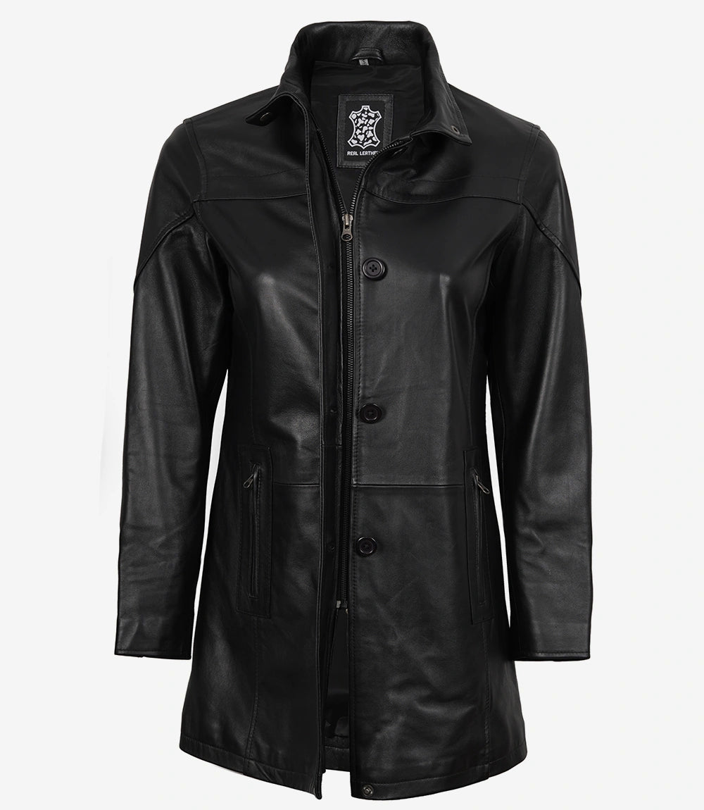 Manteau Bristol en cuir noir pour femme - Longueur 3/4