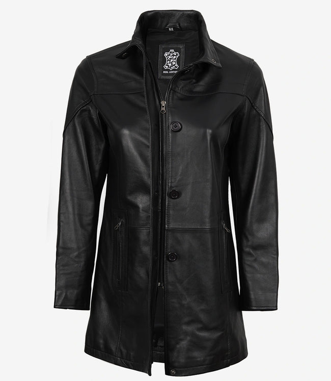 Manteau Bristol en cuir noir pour femme - Longueur 3/4