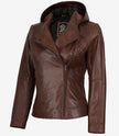 Veste en cuir marron asymétrique style motard pour femme avec capuche