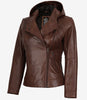 Veste en cuir marron asymétrique style motard pour femme avec capuche