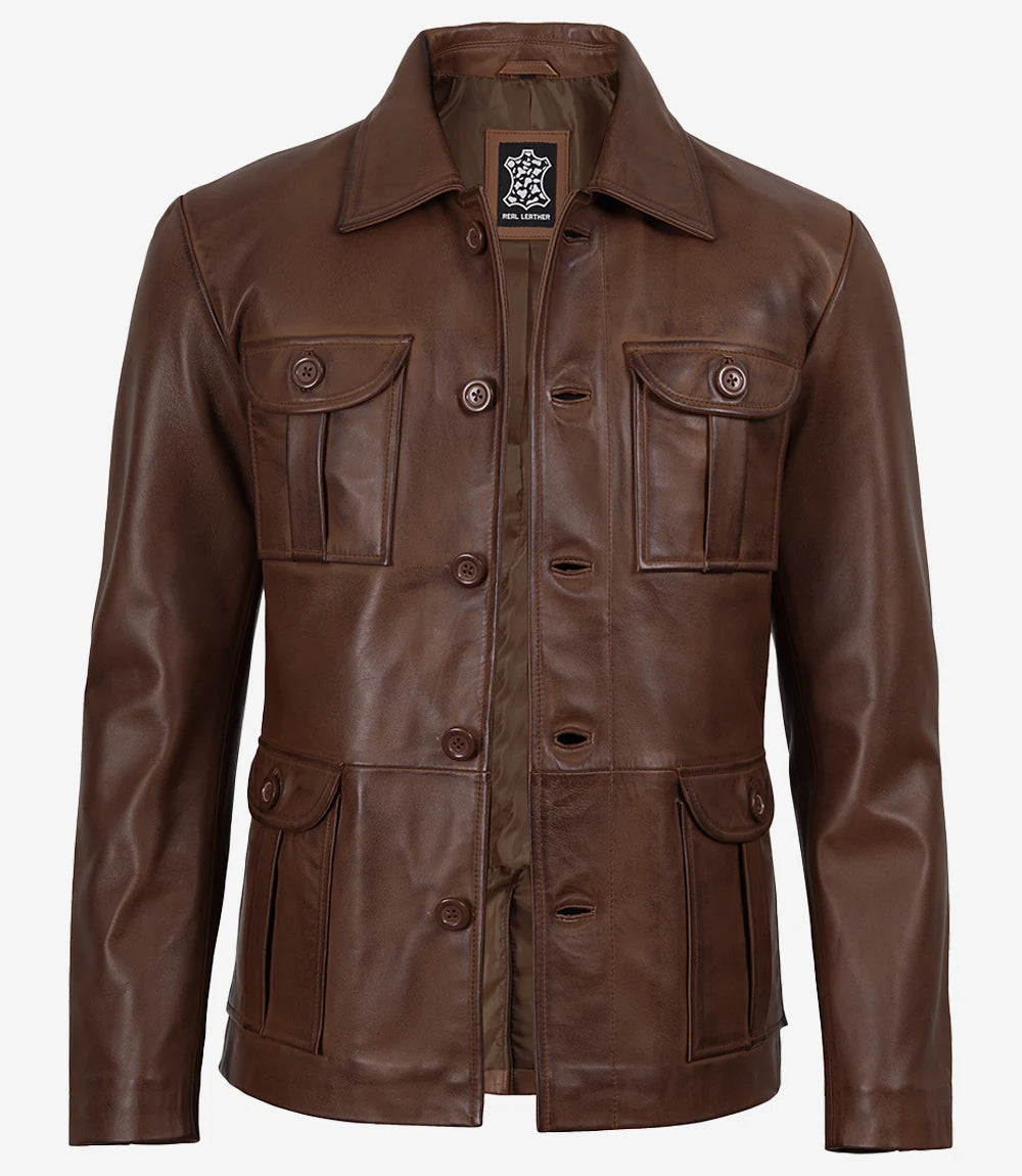 Men's Brown Cognac Wax Utility Leather Field Jacket