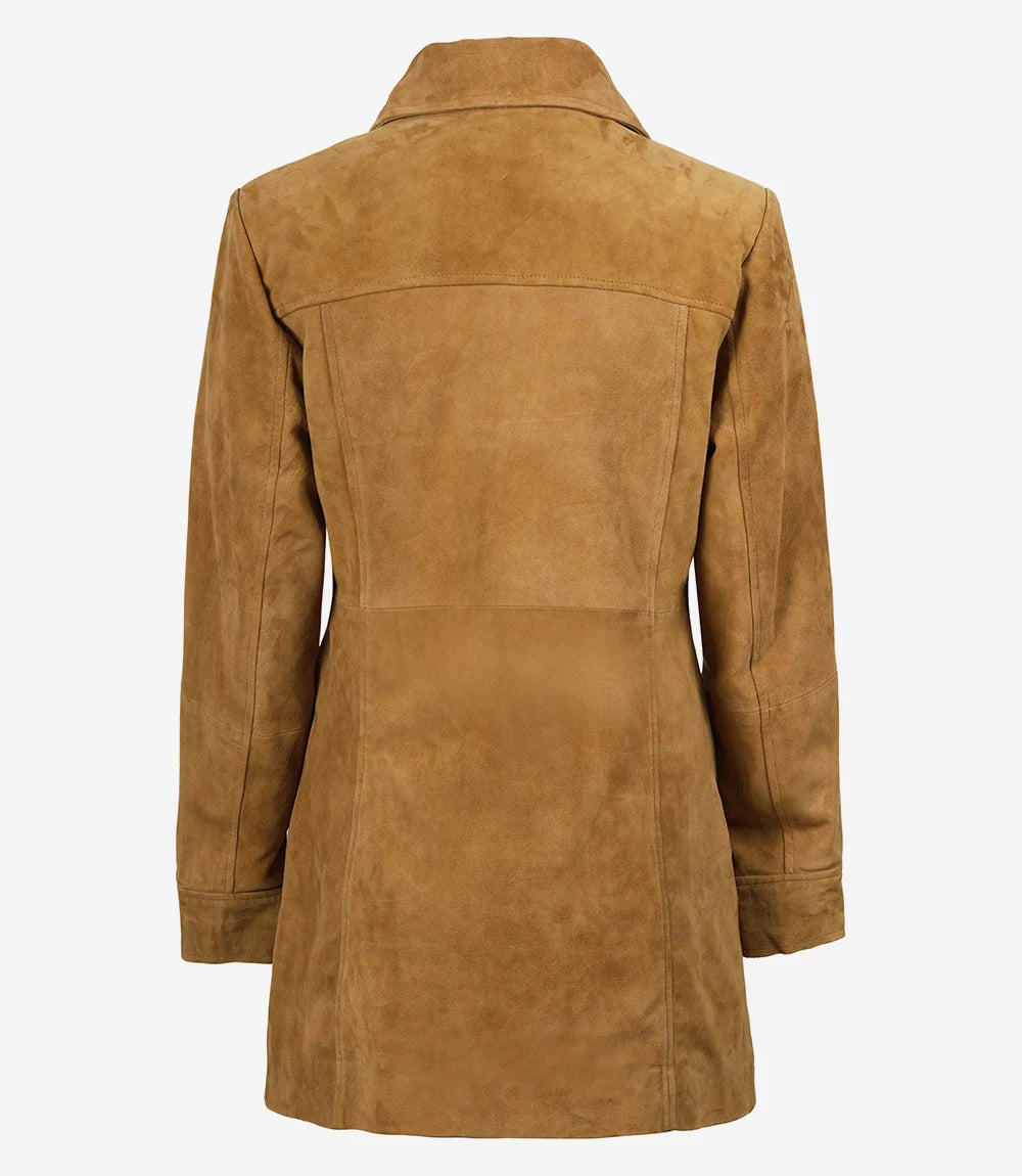 Manteau boutonné en daim marron pour femme, longueur 3/4