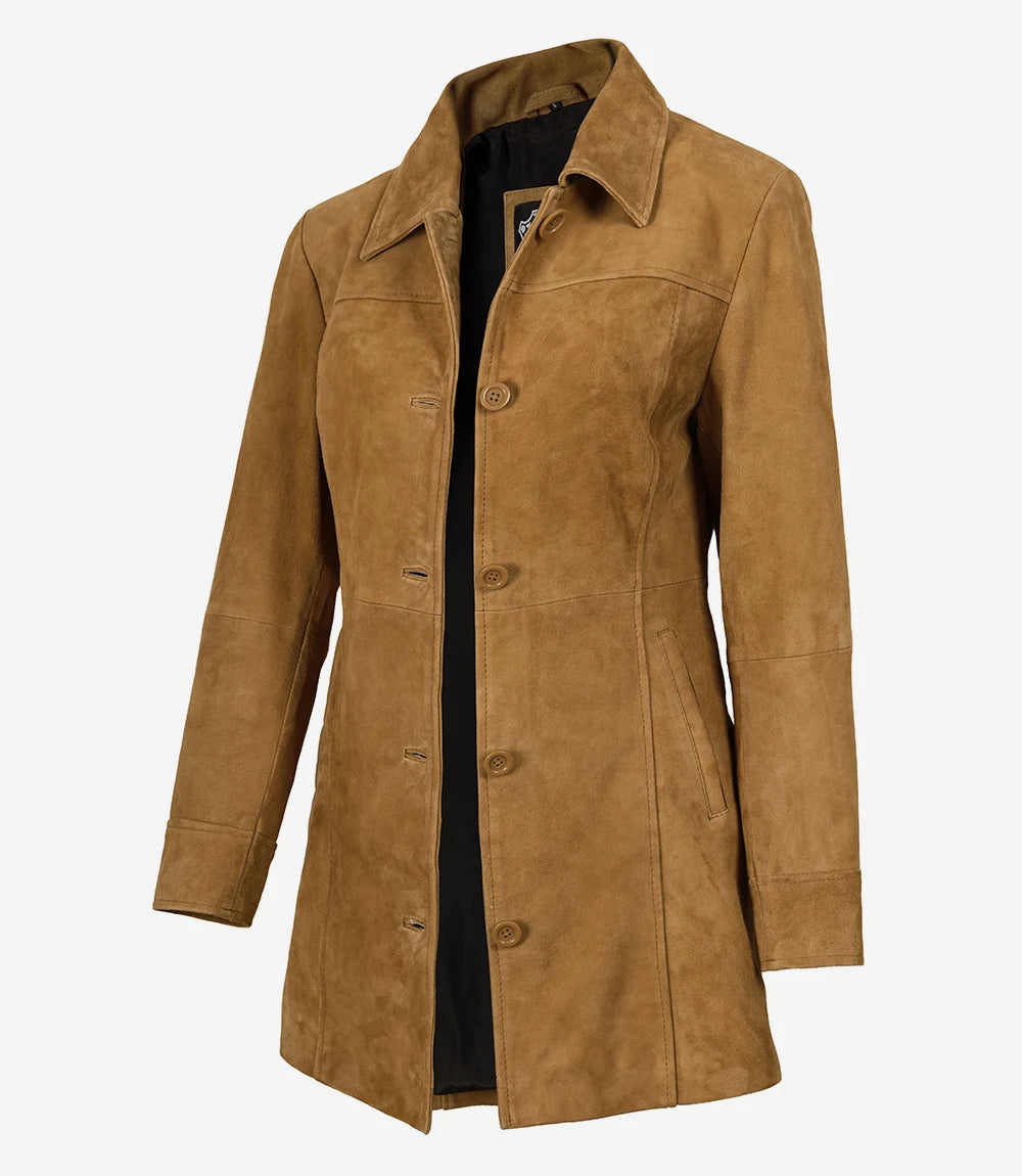 Manteau boutonné en daim marron pour femme, longueur 3/4
