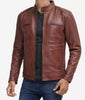 Mens Tall Cognac Brown Leather Cafe Racer Jacket