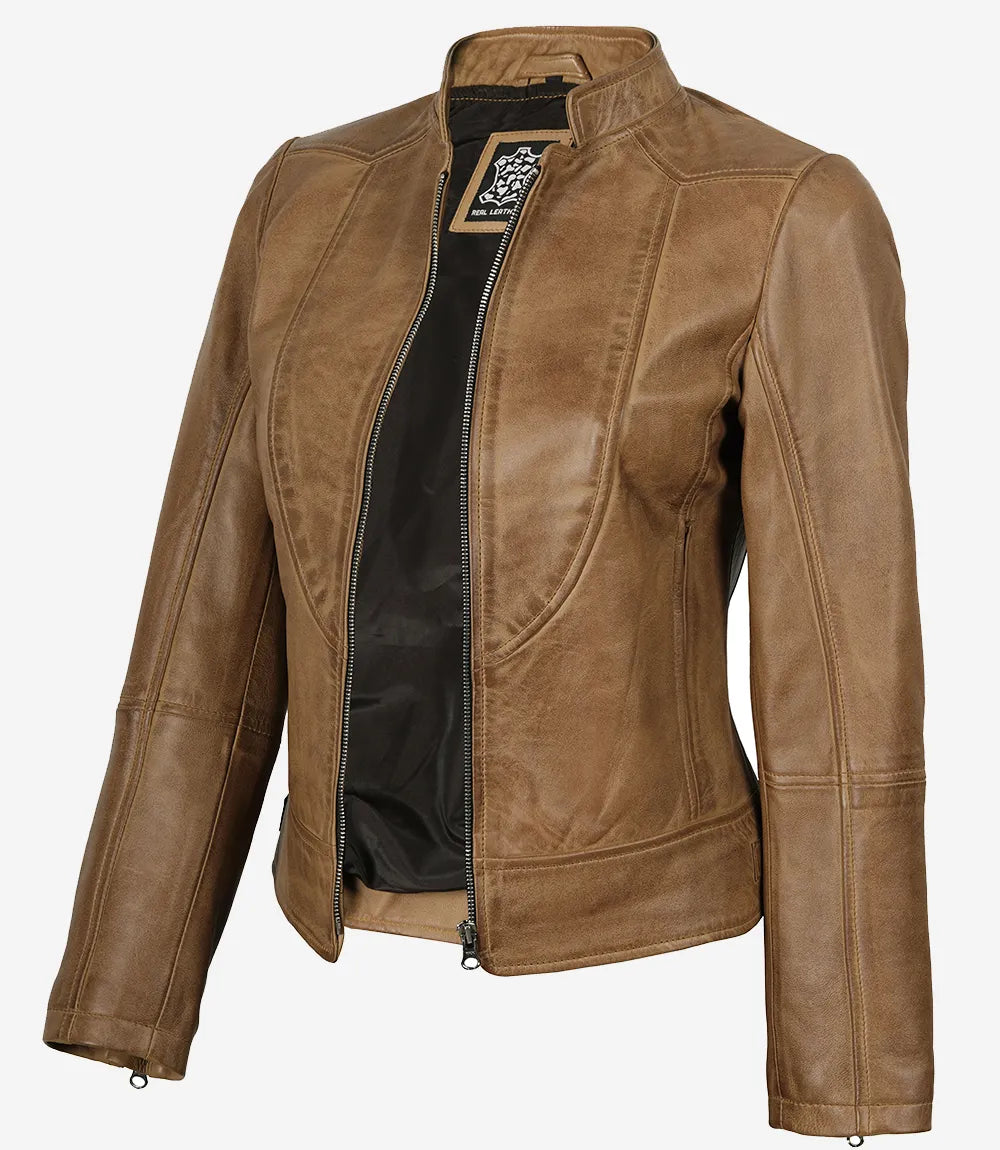 Veste en cuir style motard marron camel Amy pour femme