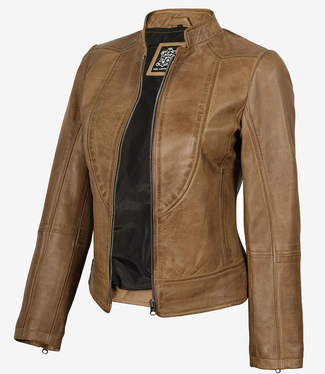 Veste en cuir style motard marron camel Amy pour femme