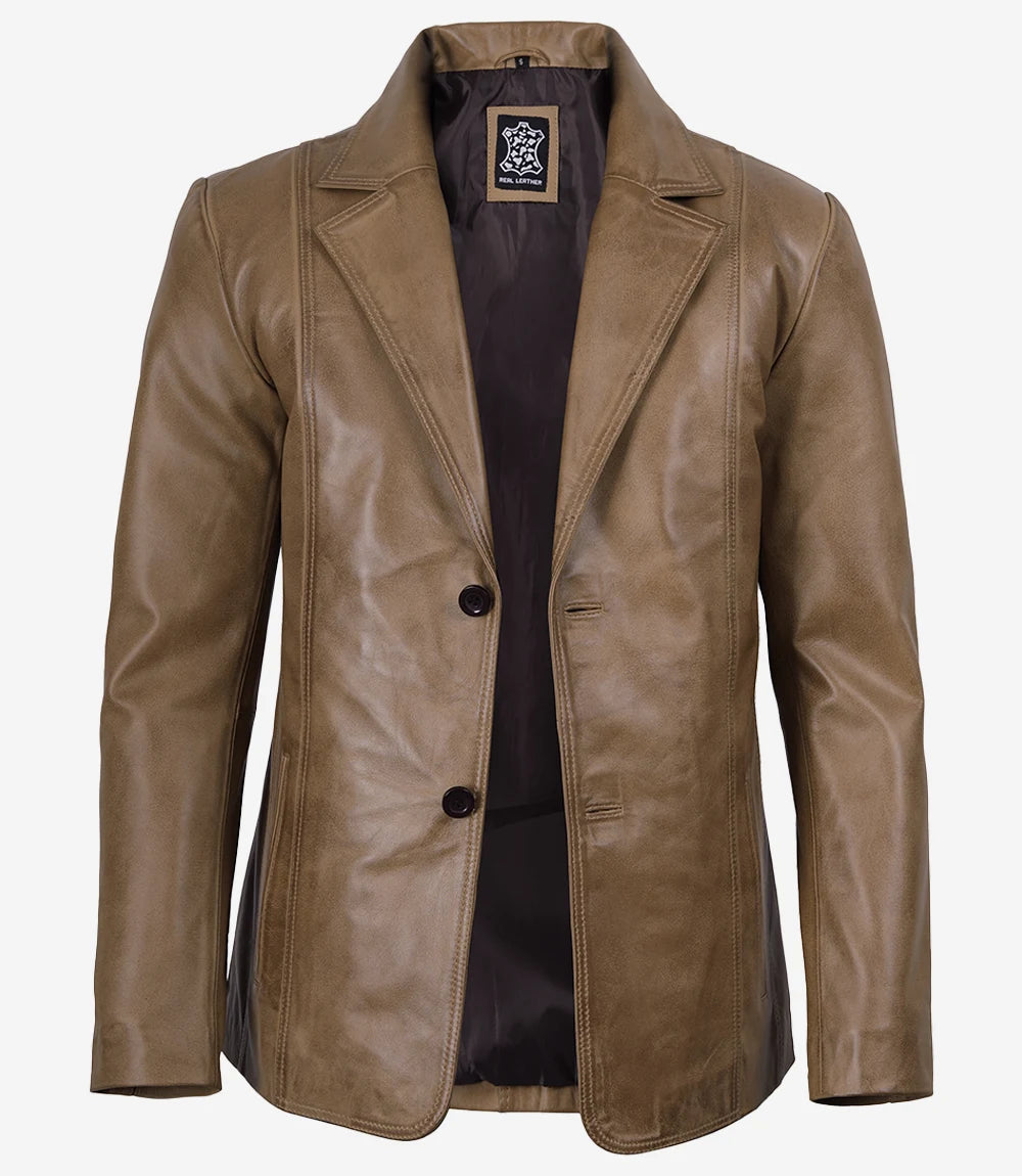 Men's Two-Button Camel Waxed Leather Blazer Jacket