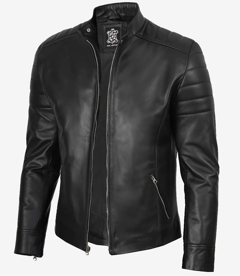 Veste style motard en cuir d'agneau noir pour homme