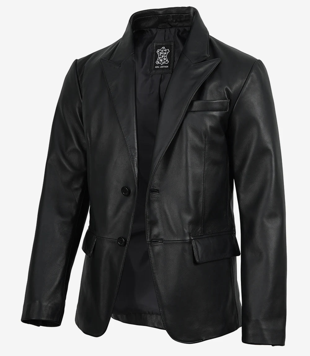 Cedric Men’s Black Lambskin Leather Blazer – Peak Lapel Tailored Fit