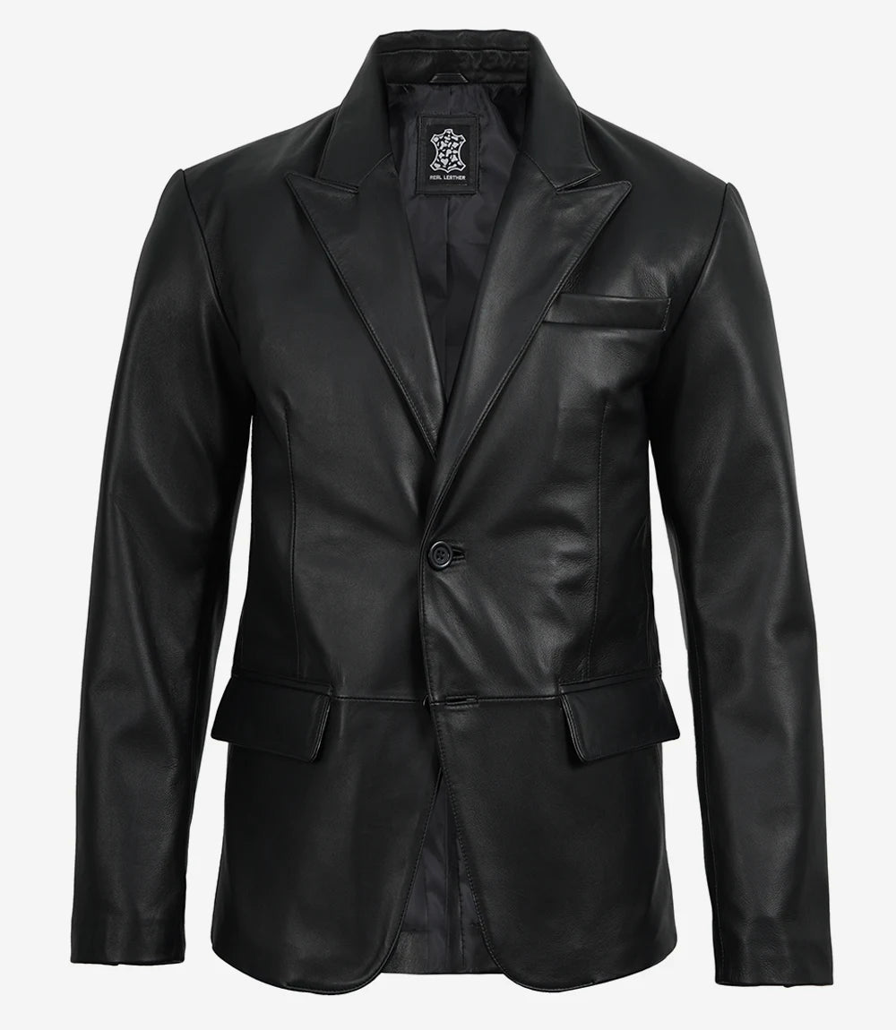 Cedric Men’s Black Lambskin Leather Blazer – Peak Lapel Tailored Fit