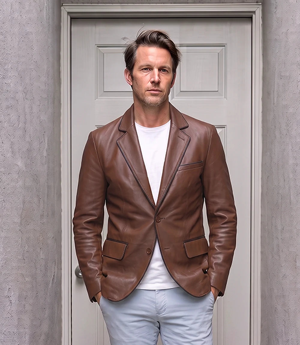 Men's 2 Button Cognac Leather Blazer - Black Piping Details