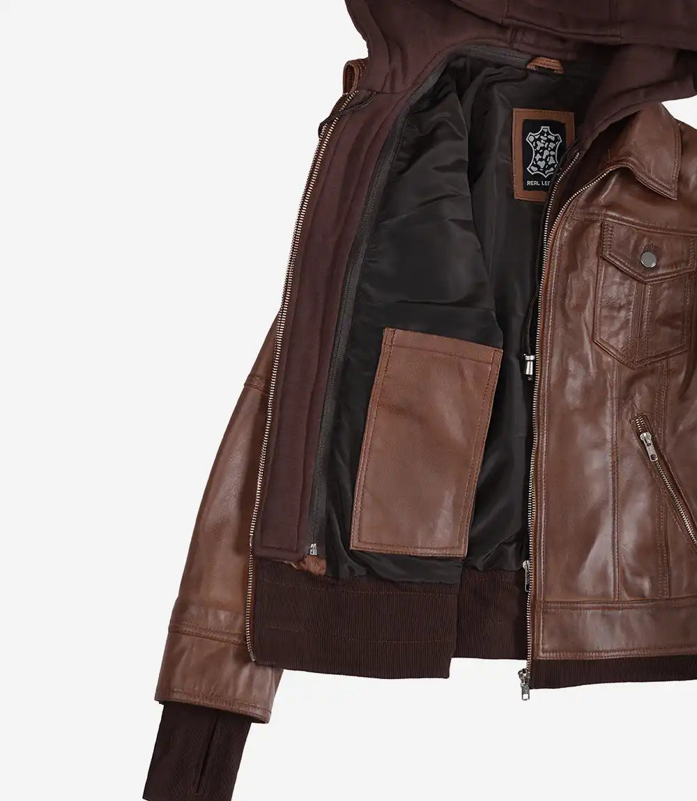 Blouson aviateur en cuir ciré cognac Tralee pour femme avec capuche amovible