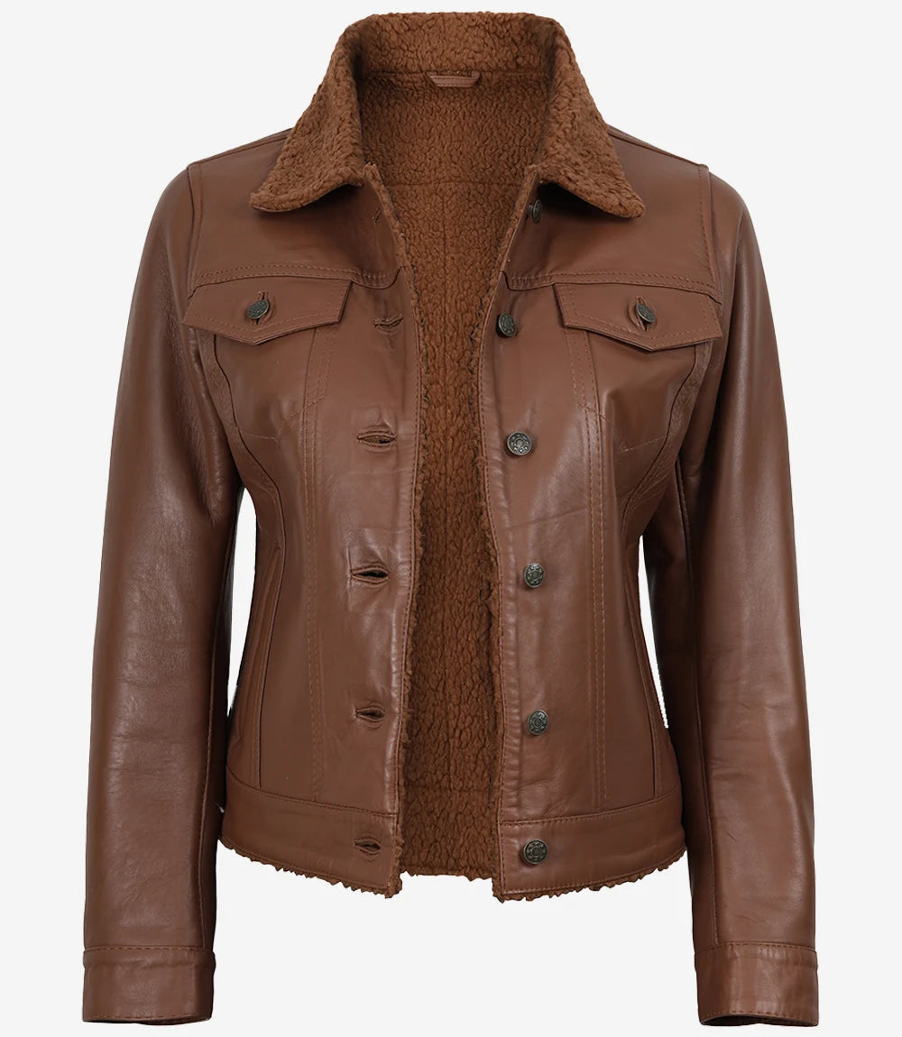 Women's Cognac Leather Trucker Jacket with Sherpa Lining
