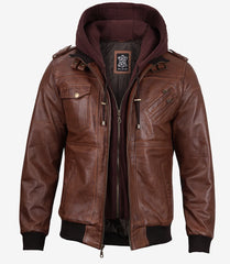 Brown Leather Bomber Jacket With Hood