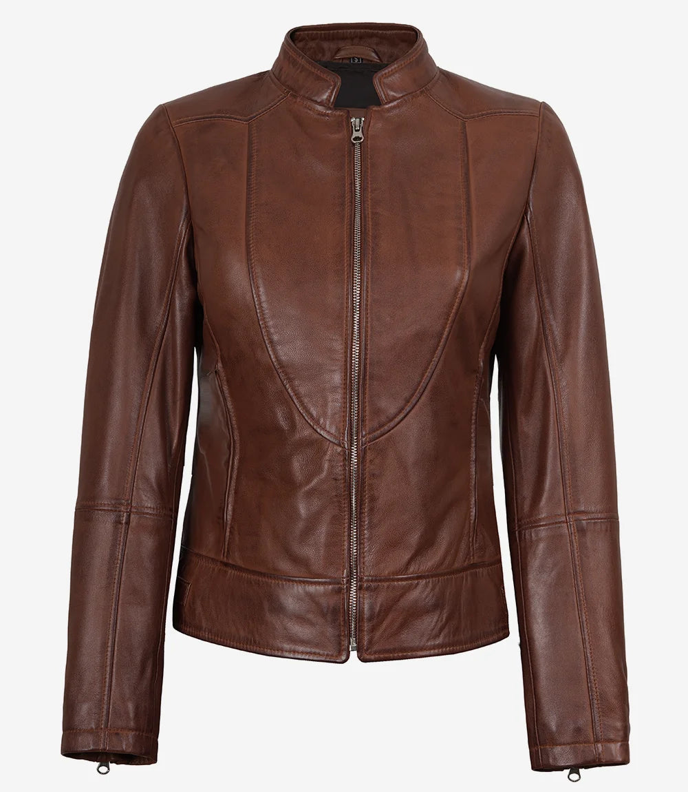Veste style motard en cuir cognac pour femme