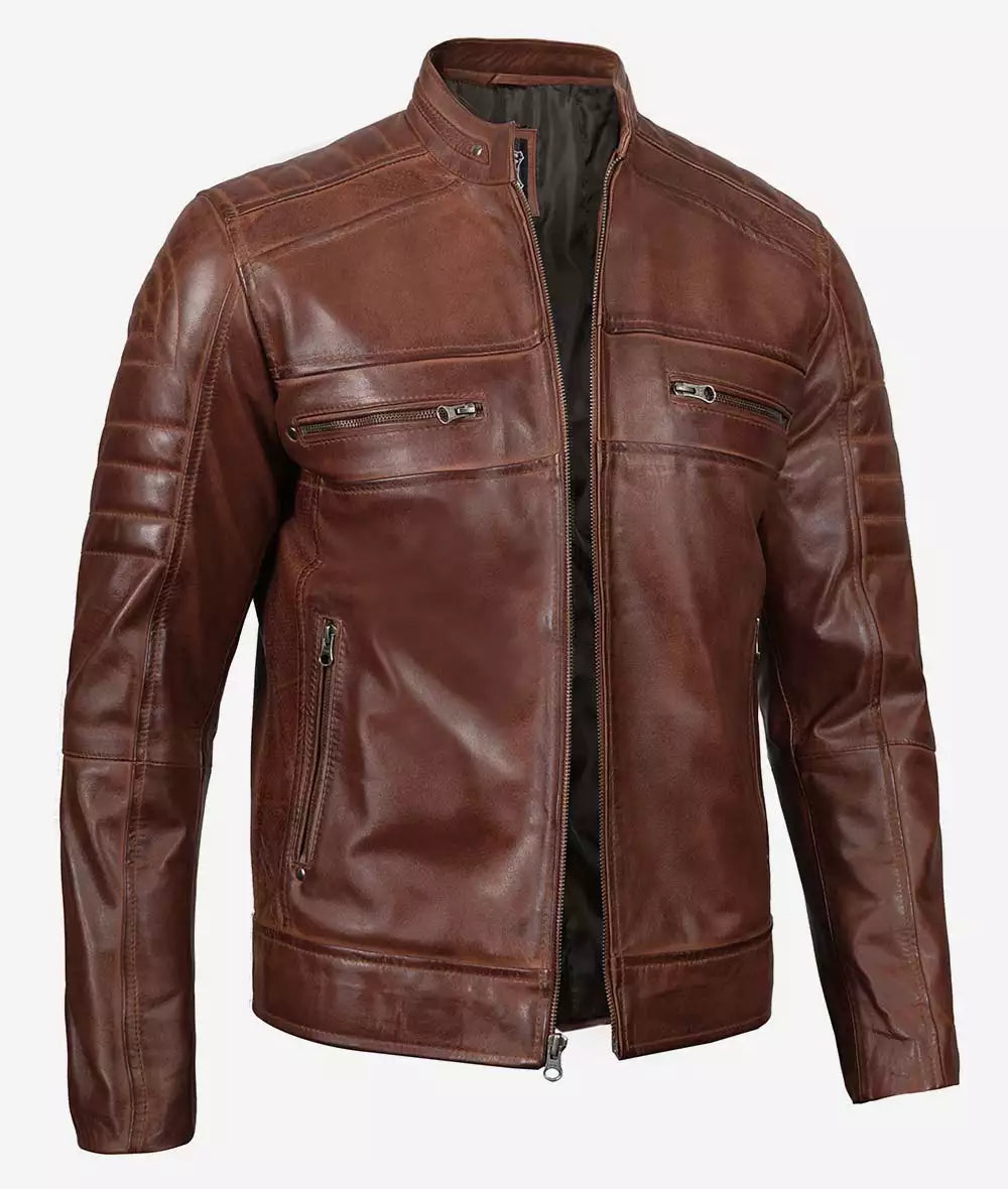 Mens Tall Brown Waxed Perforated Leather Jacket