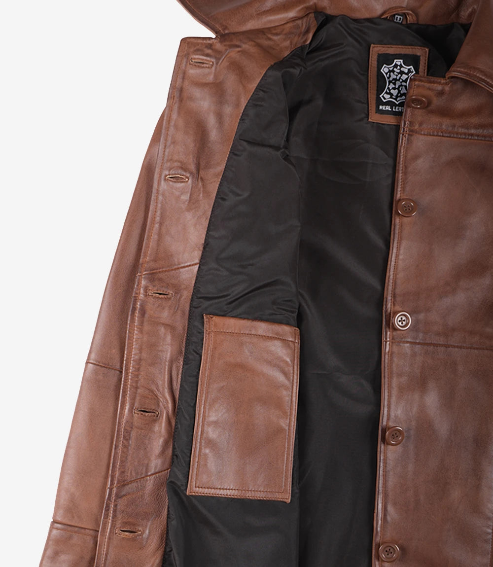 Manteau de voiture en cuir véritable ciré marron pour femme