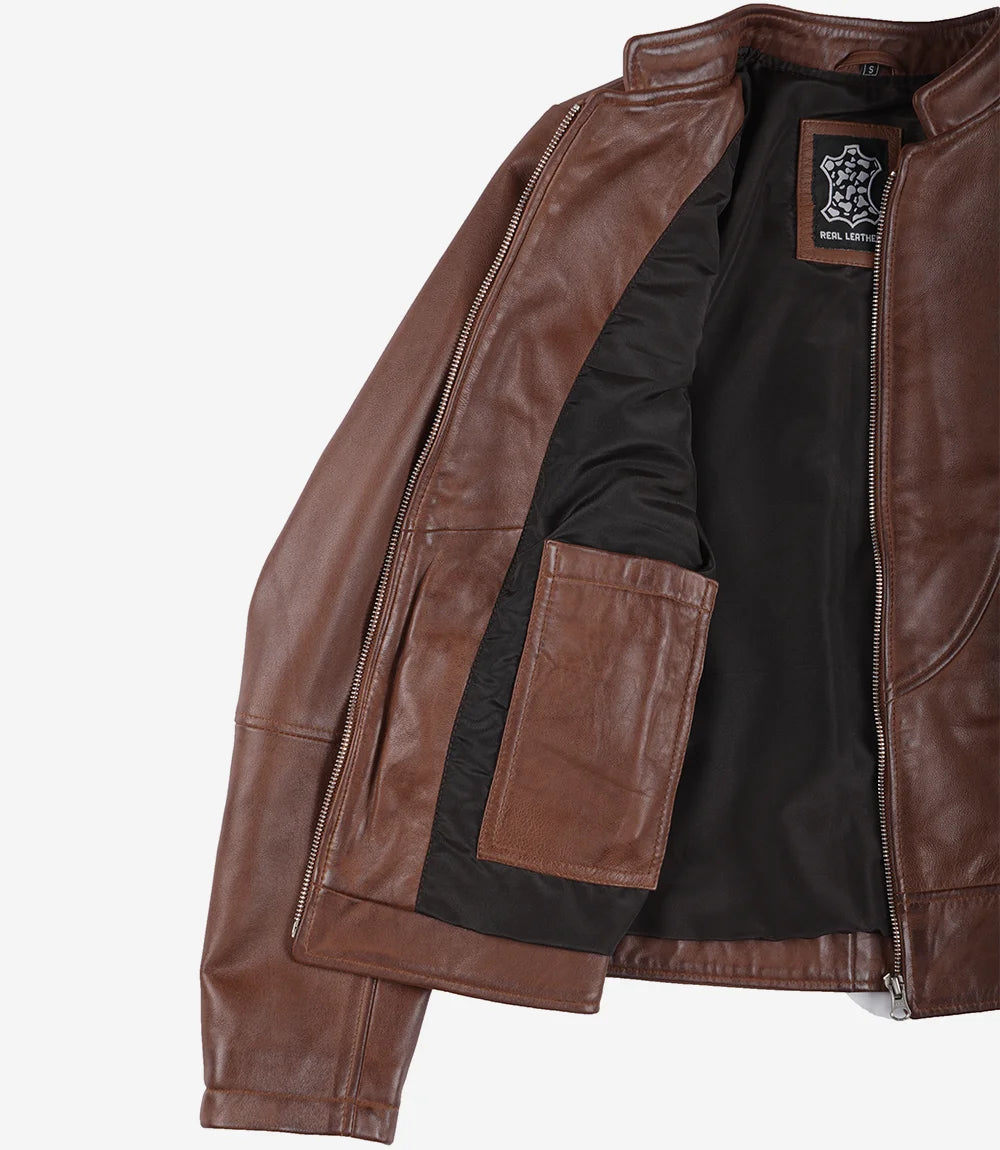 Veste style motard en cuir cognac pour femme