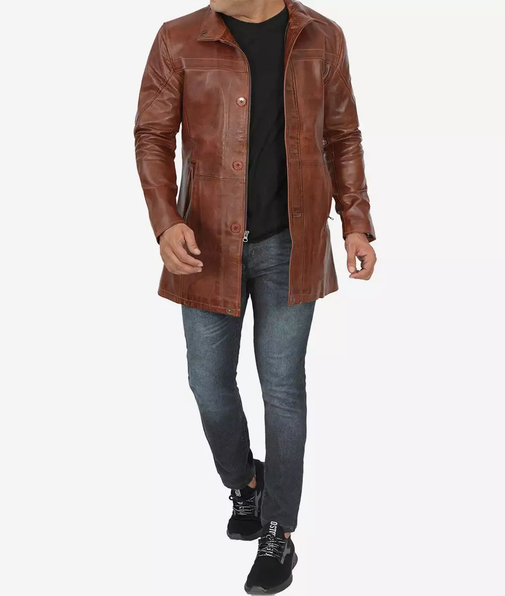 Mens Tall Cognac Waxed Brown Mid Length Leather Car Coat