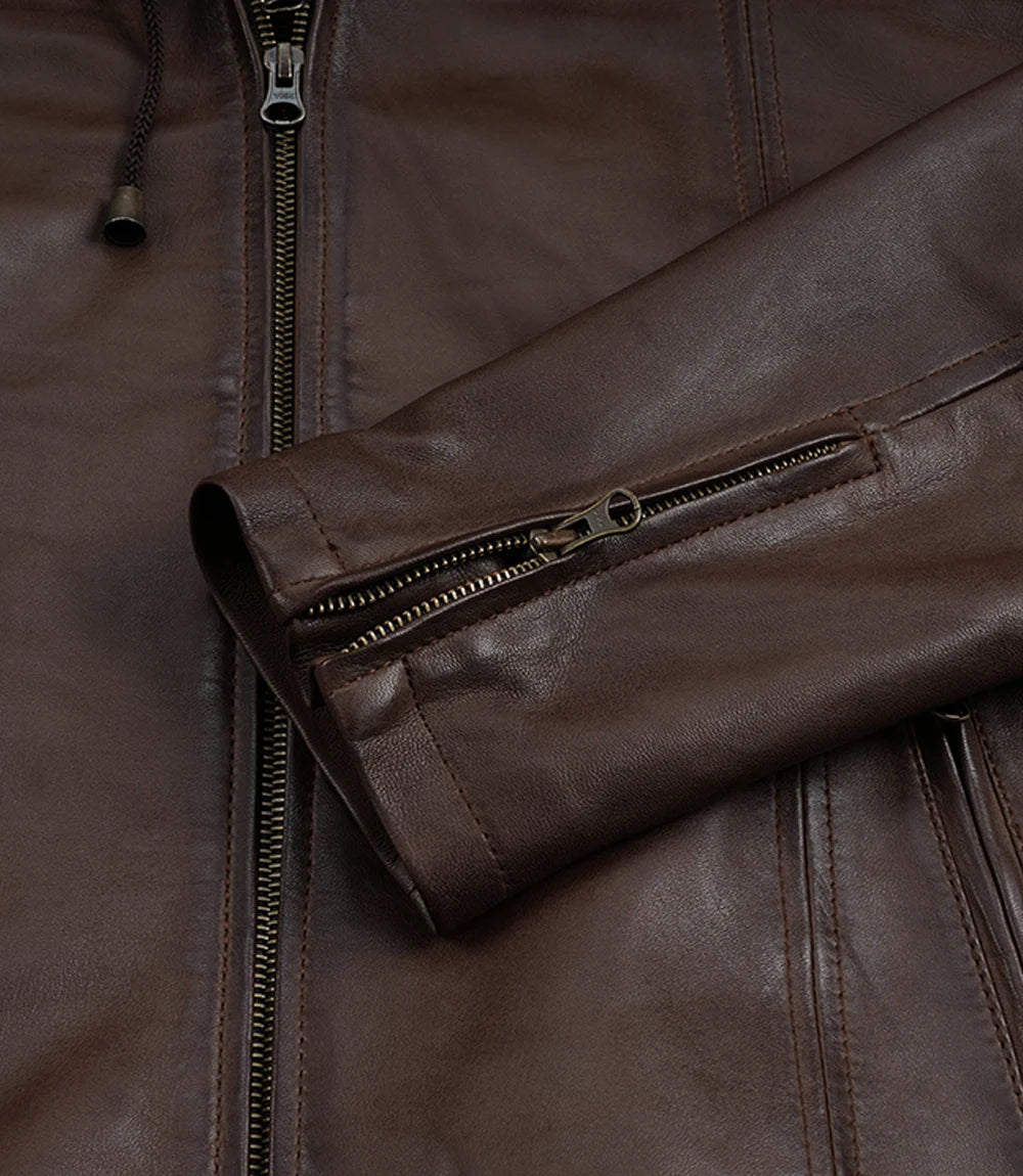 Mens Dark Brown Biker Style Leather Jacket with Hood