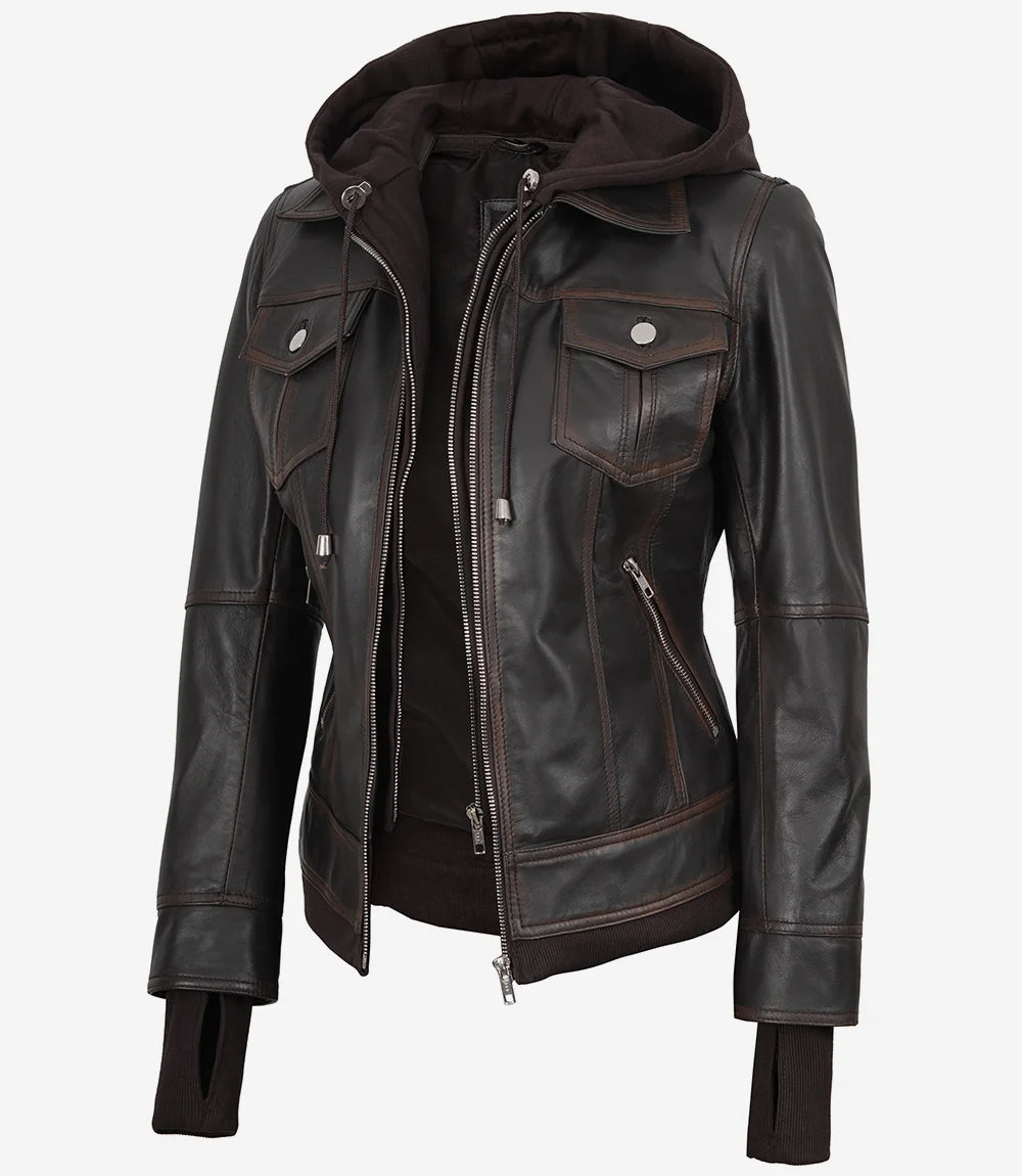 Blouson aviateur en cuir marron vieilli pour femme avec capuche amovible