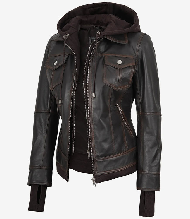 Blouson aviateur en cuir marron vieilli pour femme avec capuche amovible