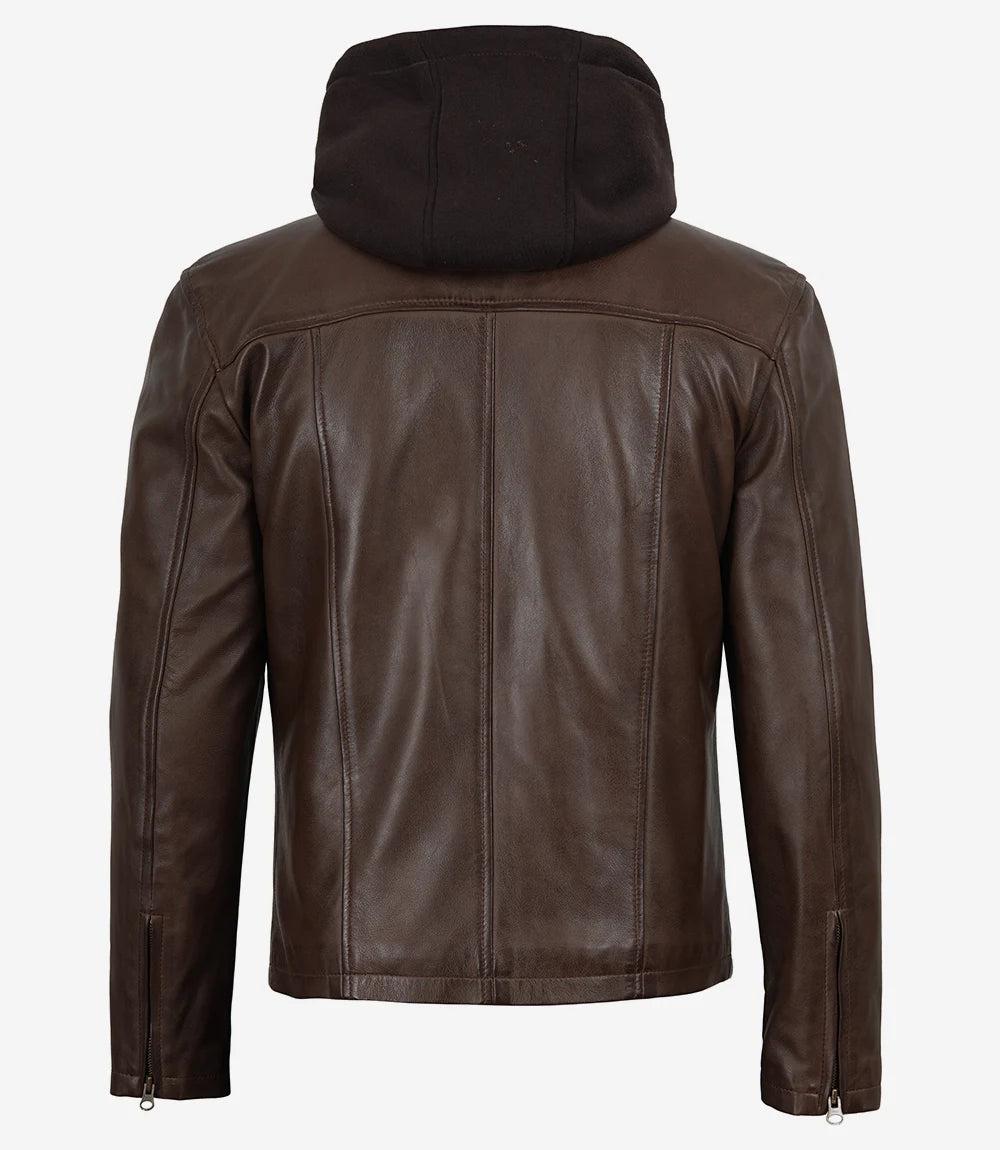 Mens Dark Brown Biker Style Leather Jacket with Hood