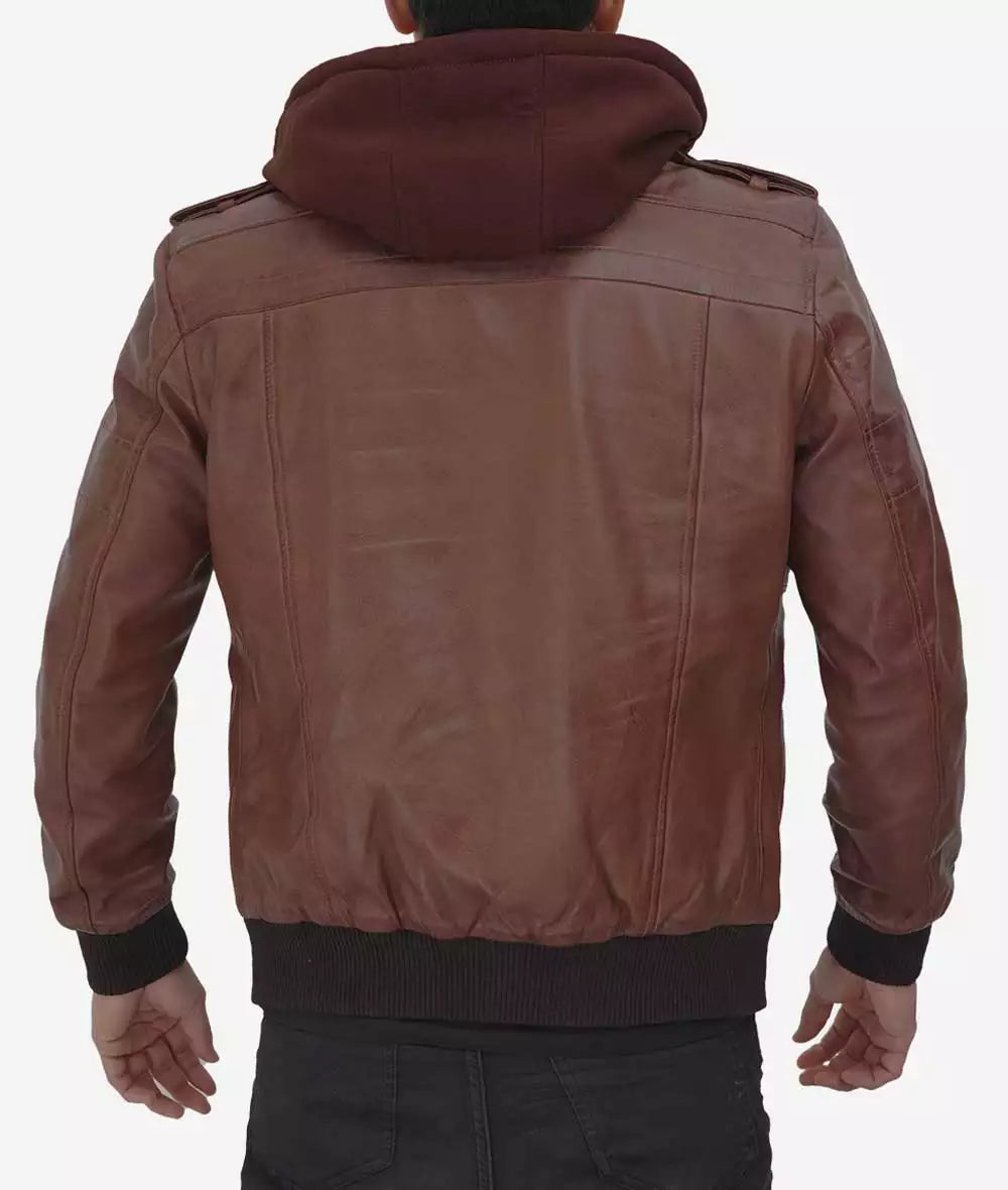 Mens Tall Dark Brown Bomber Leather Jacket with Removable Hood