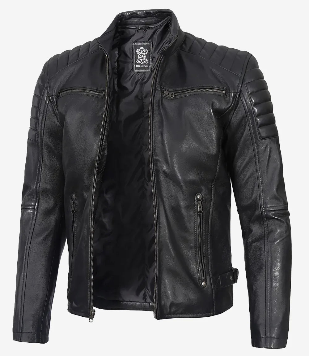 Veste en cuir noir style motard pour homme