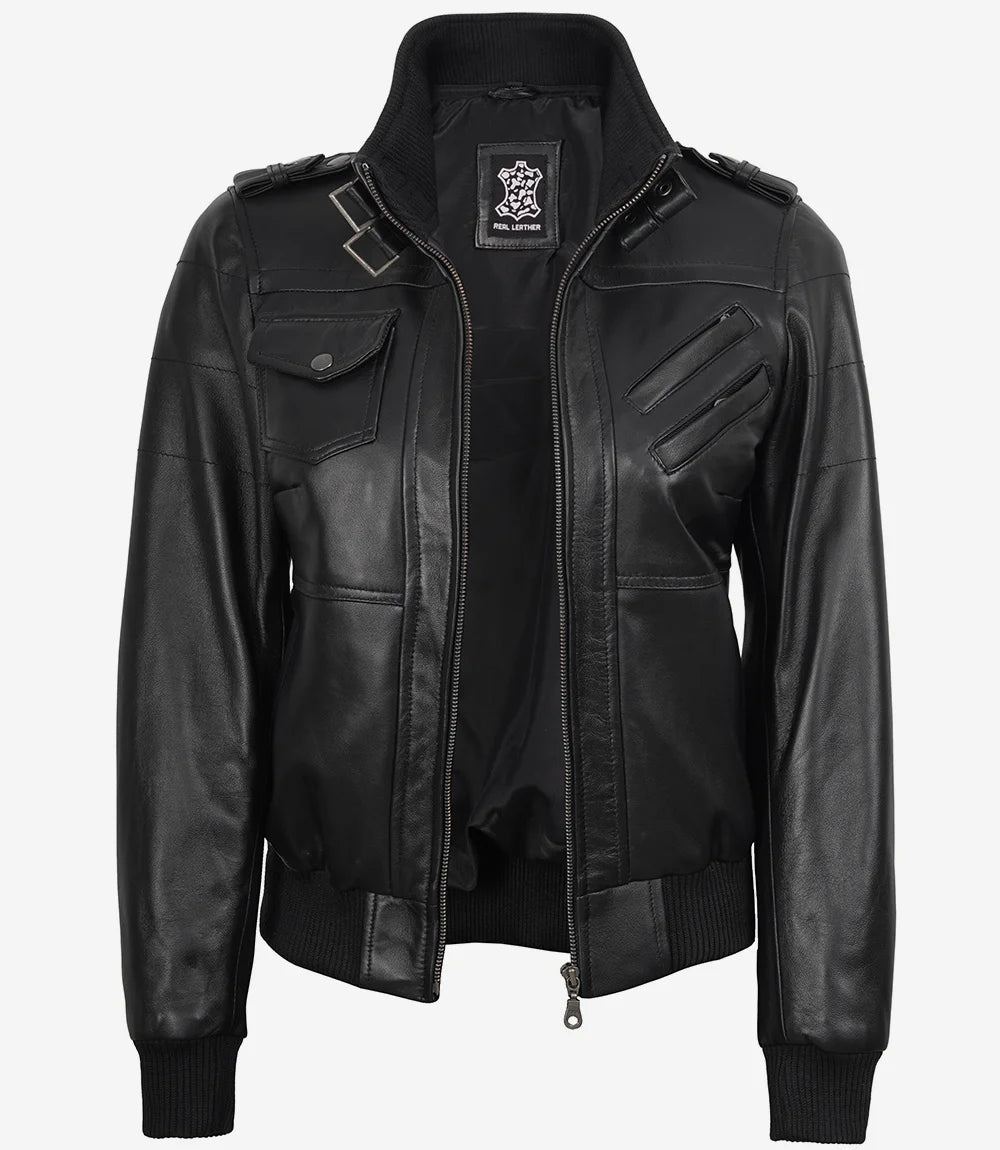 Blouson aviateur en cuir noir pour femme avec capuche amovible