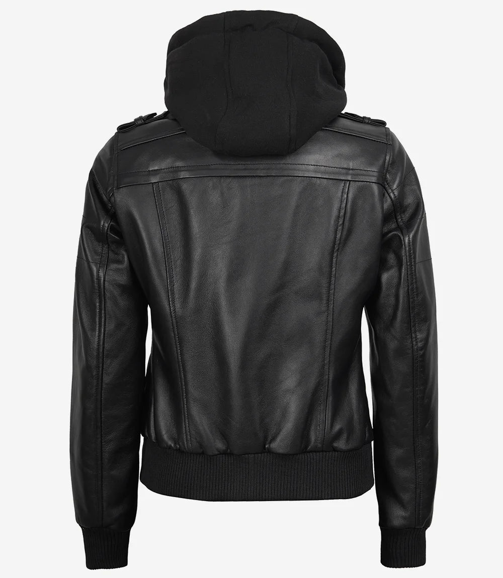 Blouson aviateur en cuir noir pour femme avec capuche amovible
