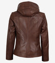 Veste en cuir marron asymétrique style motard pour femme avec capuche