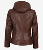 Veste en cuir marron asymétrique style motard pour femme avec capuche