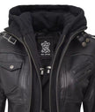 Womens Petite Black Hooded Bomber Leather Jacket