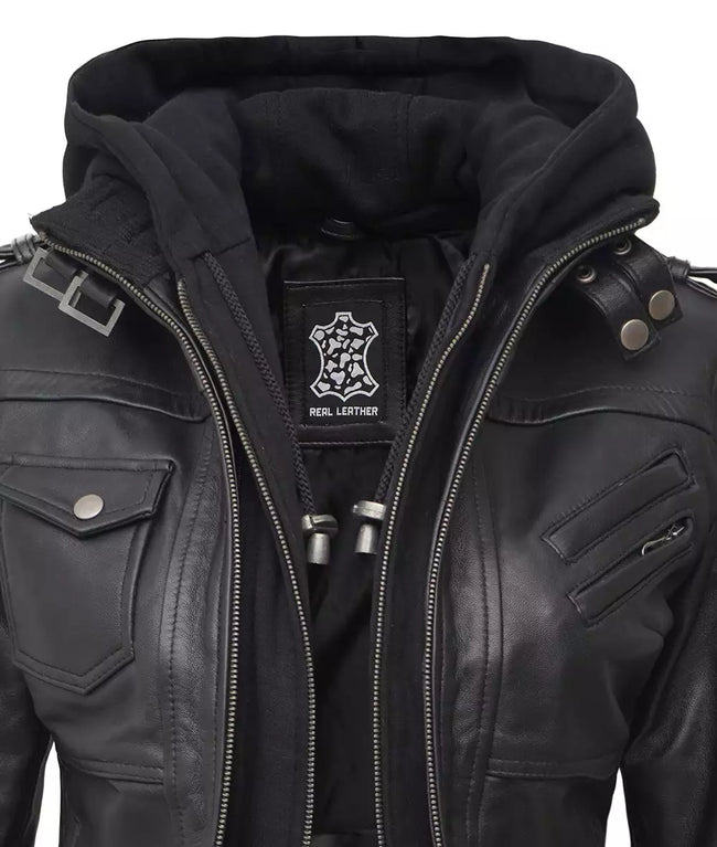 Womens Petite Black Hooded Bomber Leather Jacket