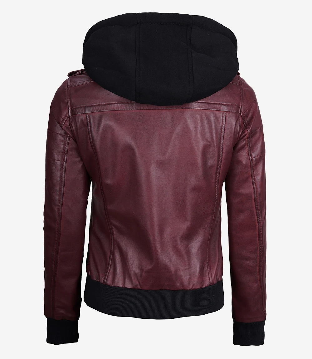 Womens Maroon Hooded Bomber Leather Jacket