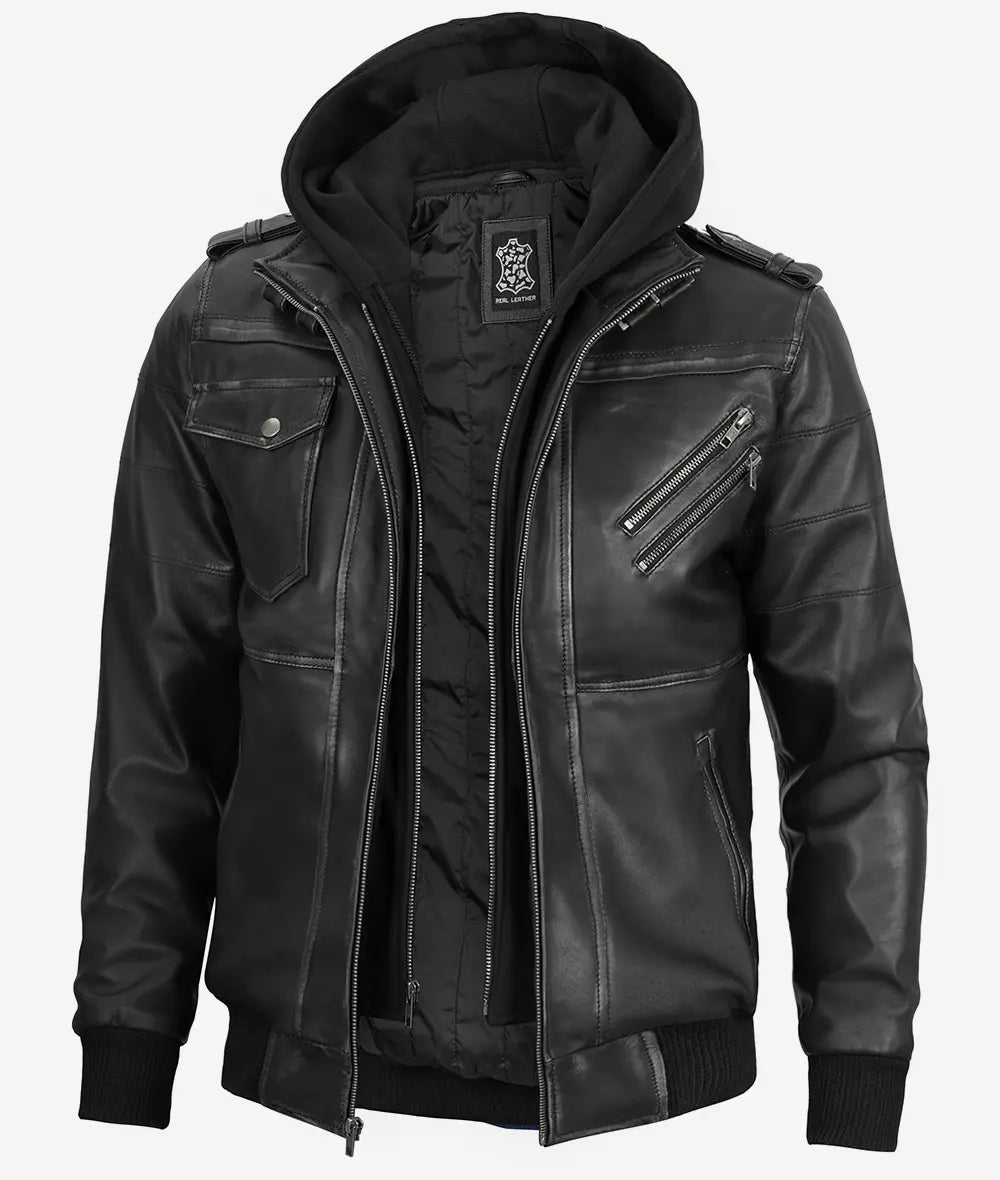 Mens Grey Leather Bomber Jacket With Removable Hood