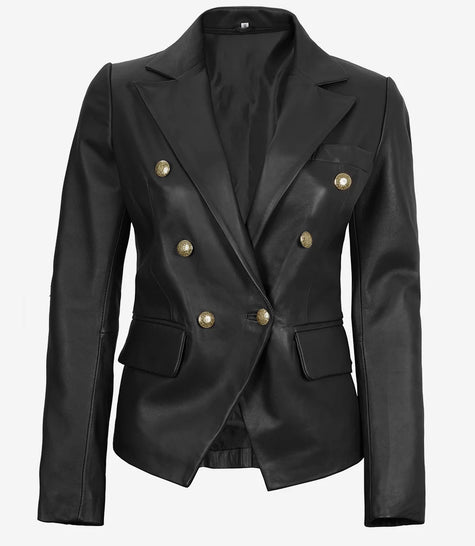 Blazer croisé en cuir noir pour femme Kim