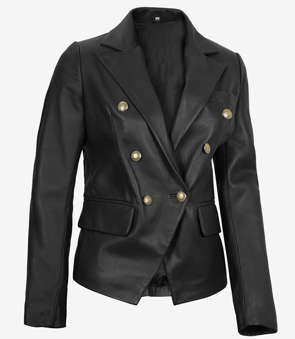 Blazer croisé en cuir noir pour femme Kim